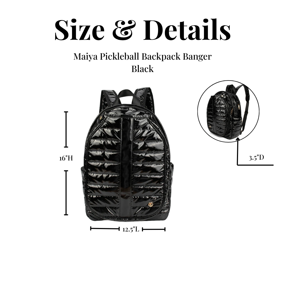 Maiya Pickleball Backpack–Quilted Glossy Black Court Bag