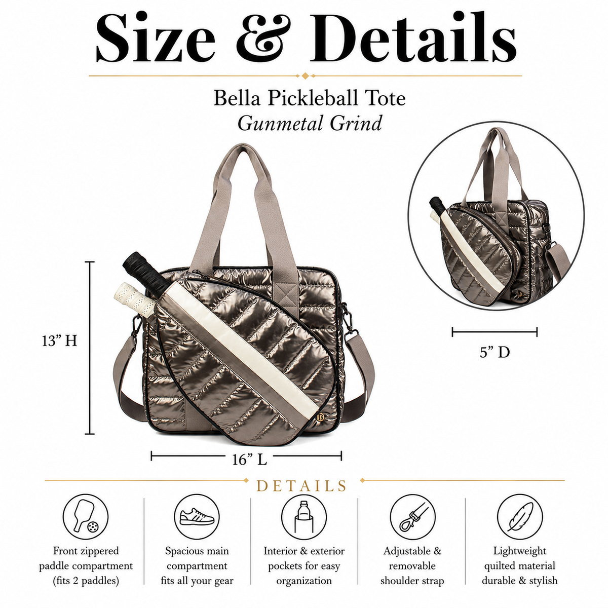 Pickleball Puffer Tote Bag Gunmetal Grind